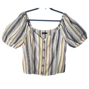 Abercrombie & Fitch Top XL Blue Yellow Linen Blend Short Sleeve Crop Button